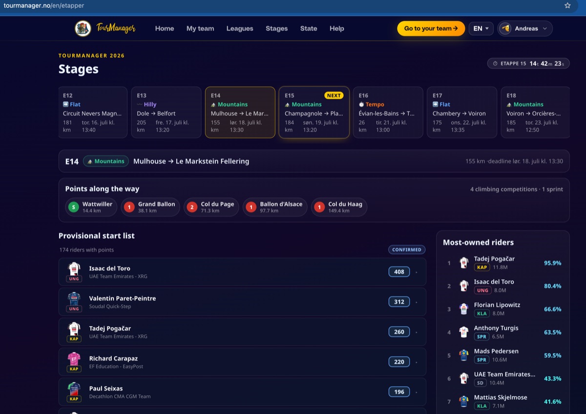 TourManager - stages and start list