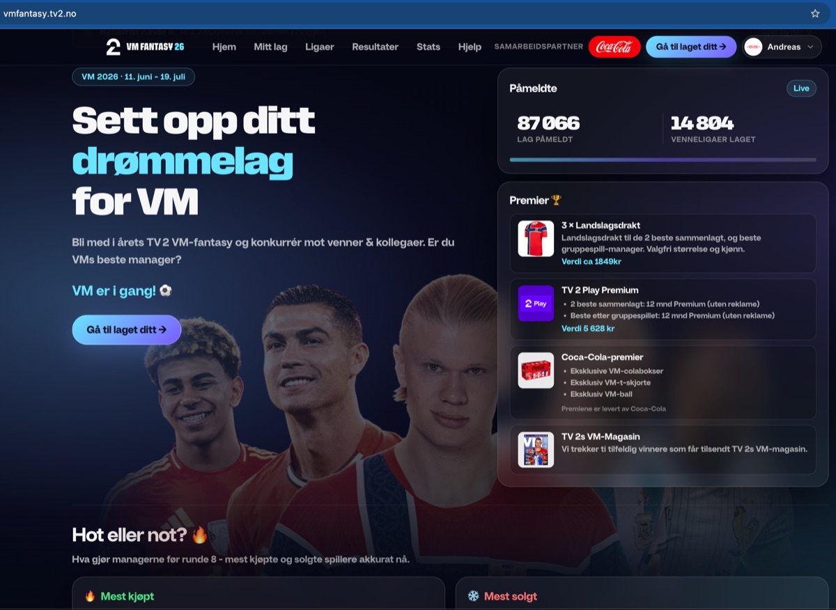 VM Fantasy - landing page with 87,066 players
