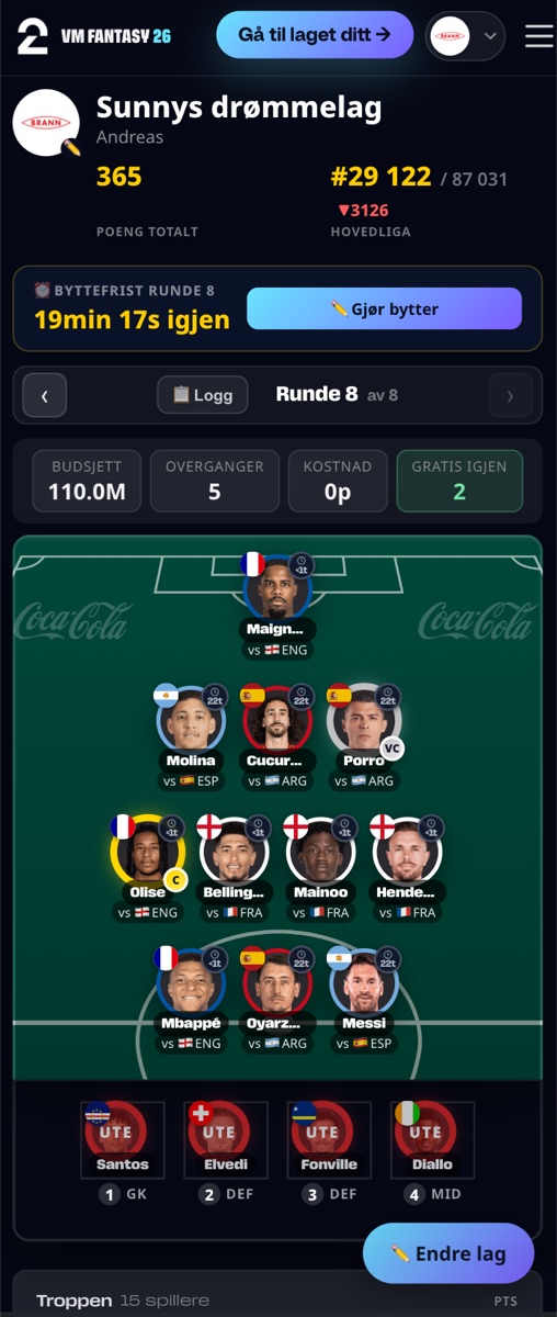 VM Fantasy - pitch view on mobile